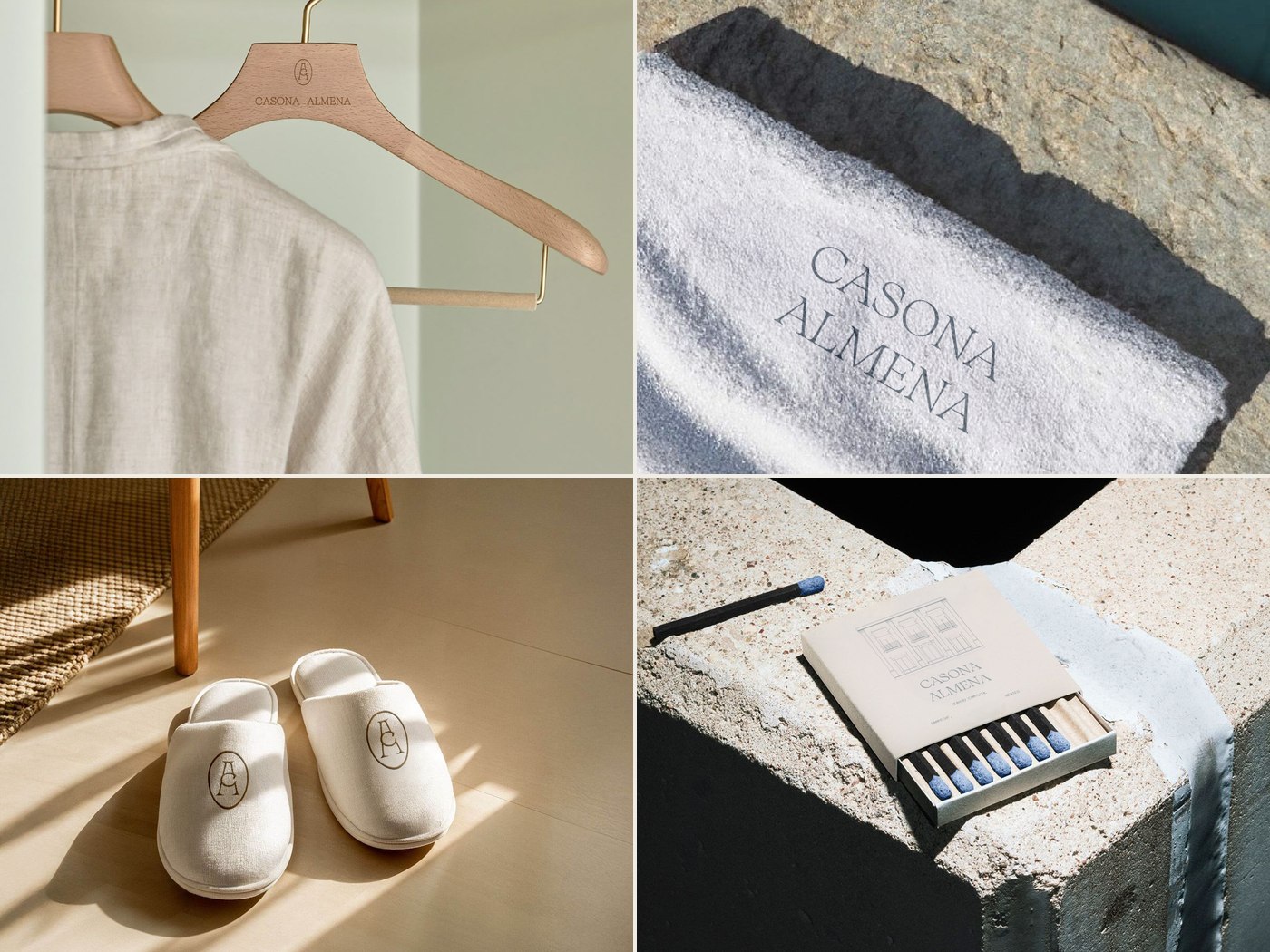 Casona Almena applications — robe, towel, slippers, matches
