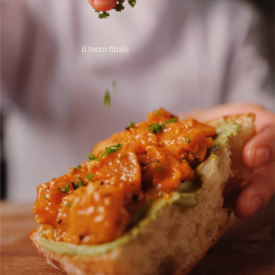 Madeo — plated dish with the brand's editorial typography