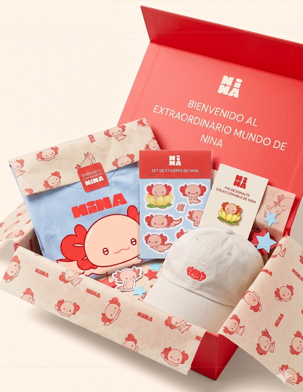 The NiNA creator kit — tee, cap, pins and cards