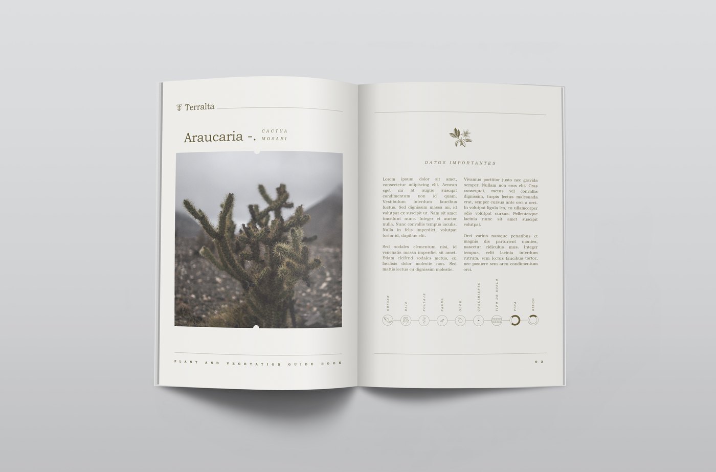 The Terralta brochure, open on a species entry